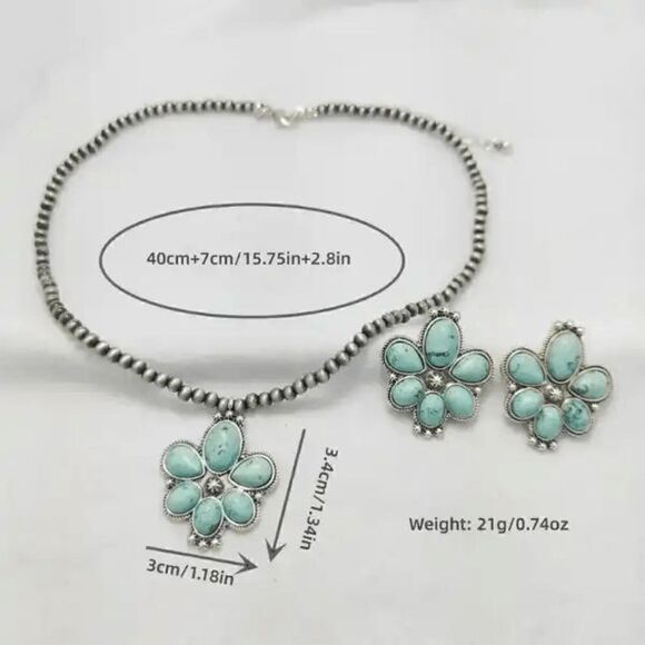 Western Flower Shape Turquoise Silver Plated Necklace & Earrings Jewelry Set - Picture 4 of 4